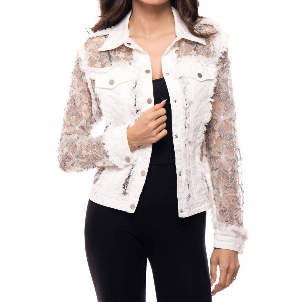 NEW J'ADORE embroidered denim and lace bohemian jacket in silver white
